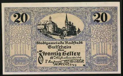 Notgeld Radstadt 1920, 20 Heller, Ortspartie, Wappen