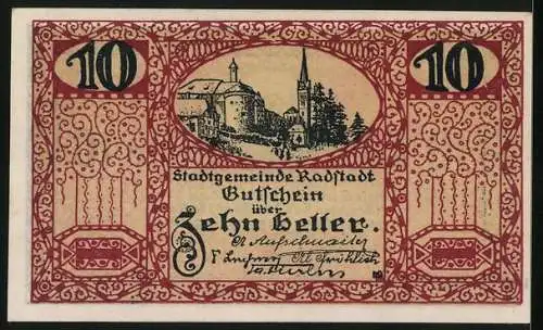 Notgeld Radstadt 1920, 10 Heller, Ortspartie, Wappen