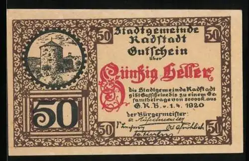 Notgeld Radstadt 1920, 50 Heller, Wehrturm, Wappen