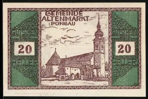 Notgeld Altenmarkt /Pongau 1920, 20 Heller, Ornamente, Kirche