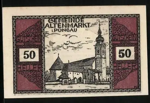 Notgeld Altenmarkt /Pongau 1920, 50 Heller, Ornamente, Kirche