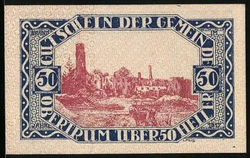 Notgeld Obertrum 1920, 50 Heller, Bauernpaar, Gebäude, Ortsansicht