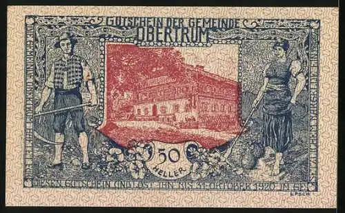 Notgeld Obertrum 1920, 50 Heller, Bauernpaar, Gebäude, Ortsansicht