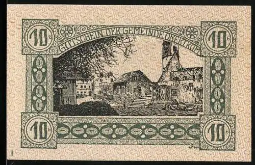 Notgeld Obertrum 1920, 10 Heller, Bauernpaar, Gebäude, Ortspartie