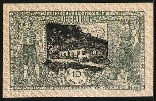 Notgeld Obertrum 1920, 10 Heller, Bauernpaar, Gebäude, Ortspartie