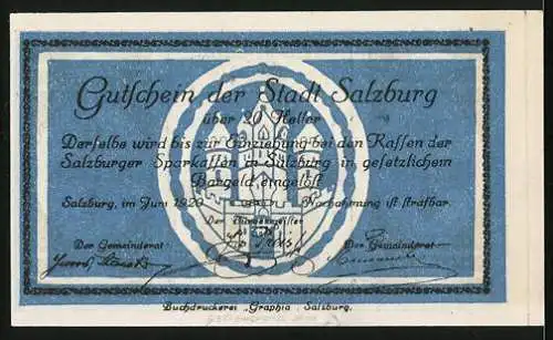 Notgeld Salzburg 1920, 20 Heller, Glockenspiel, Burg