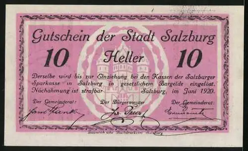 Notgeld Salzburg 1920, 10 Heller, Linzertor, Burg