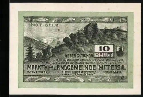 Notgeld Mittersill 1920, 10 Heller, Bergpartie, Wappen, Fische