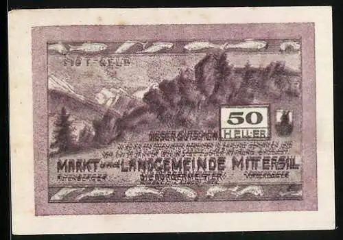 Notgeld Mittersill 1920, 50 Heller, Bergpartie, Wappen, Fische