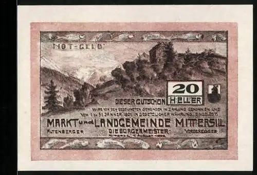 Notgeld Mittersill 1920, 20 Heller, Bergpartie, Wappen, Fische