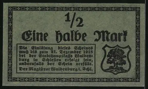 Notgeld Waldenburg /Schlesien 1918, 1/2 Mark, Stuckfiguren, Wappen, Ornamente