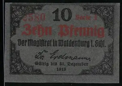 Notgeld Waldenburg /Schlesien 1918, 10 Pfennig, Florale Ornamente