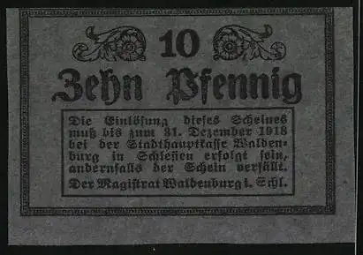 Notgeld Waldenburg /Schlesien 1918, 10 Pfennig, Florale Ornamente