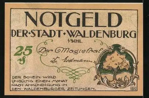 Notgeld Waldenburg /Schlesien, 25 Pfennig, Bergmann, Wappen