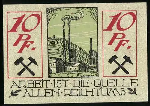 Notgeld Waldenburg /Schlesien, 10 Pfennig, Bergwerk, Wappen