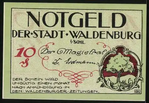 Notgeld Waldenburg /Schlesien, 10 Pfennig, Bergwerk, Wappen
