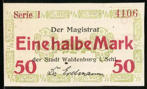 Notgeld Waldenburg /Schlesien, 1/2 Mark, Ornamente, Wappen