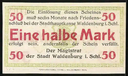 Notgeld Waldenburg /Schlesien, 1/2 Mark, Ornamente, Wappen