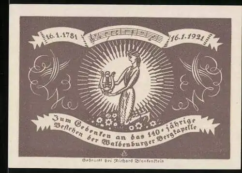 Notgeld Waldenburg /Schlesien 1921, 50 Pfennig, 140jähriges Bestehen der Bergkapelle, Kniende mit Lyra, Notenzeile