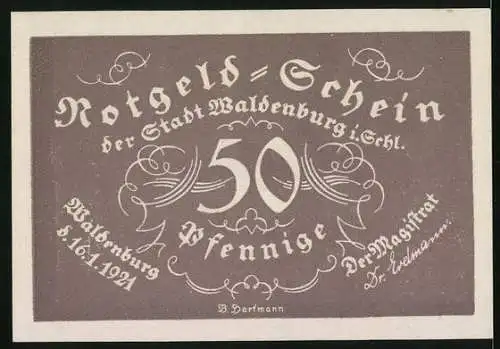 Notgeld Waldenburg /Schlesien 1921, 50 Pfennig, 140jähriges Bestehen der Bergkapelle, Kniende mit Lyra, Notenzeile