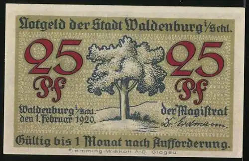 Notgeld Waldenburg /Schlesien 1920, 25 Pfennig, Baum, Bergarbeiter unter Tage