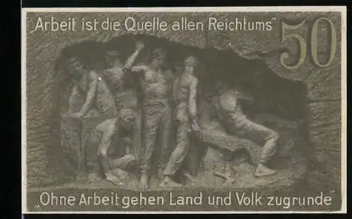 Notgeld Waldenburg /Schlesien 1920, 50 Pfennig, Baum, Bergarbeiter unter Tage
