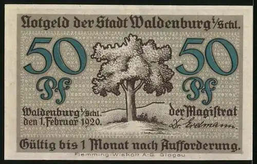 Notgeld Waldenburg /Schlesien 1920, 50 Pfennig, Baum, Bergarbeiter unter Tage