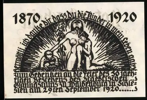 Notgeld Waldenburg /Schlesien 1920, 50 Pfennig, Jubiläum des Gymnasiums 1920, Mutter dankt dem Herrgott für ihre Kinder