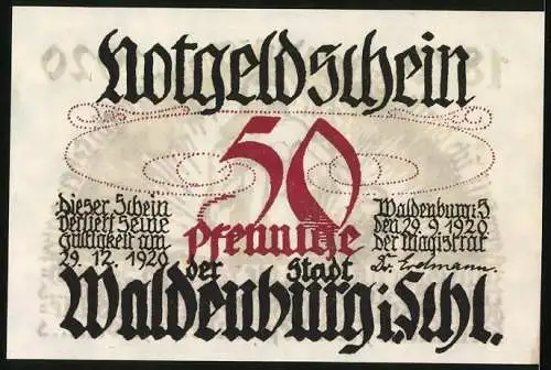 Notgeld Waldenburg /Schlesien 1920, 50 Pfennig, Jubiläum des Gymnasiums 1920, Mutter dankt dem Herrgott für ihre Kinder