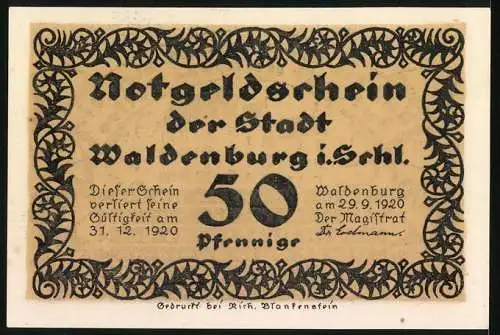 Notgeld Waldenburg /Schlesien 1920, 50 Pfennig, Jubiläum des Gymnasiums 1920, Gymnasium