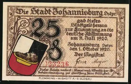 Notgeld Johannisburg /Ostpr. 1920, 25 Pfennig, Wappen, Rathaus mit Bismarckdenkmal