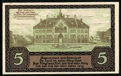 Notgeld Johannisburg /Ostpr. 1920, 5 Pfennig, Wappen, Rathaus mit Bismarckdenkmal