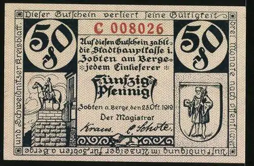 Notgeld Zobten am Berge 1919, 50 Pfennig, Ortsansicht, Wappen