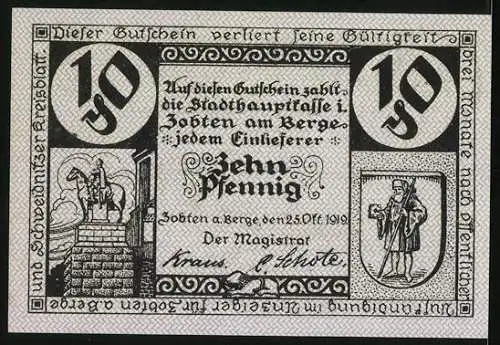 Notgeld Zobten am Berge 1919, 10 Pfennig, Ortsansicht, Wappen