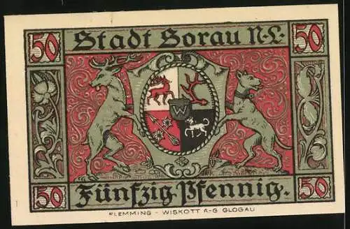Notgeld Sorau /Niederlausitz 1921, 50 Pfennig, Wappen, Rathaus