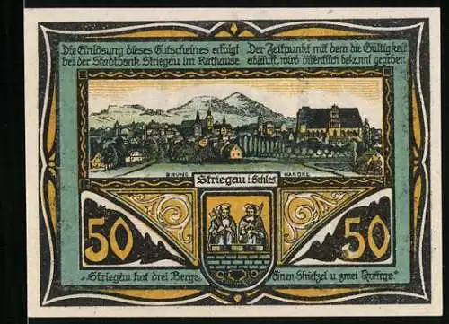 Notgeld Striegau i. Schles. 1920, 50 Pfennig, Rathaus, Bienenstöcke, Ortsansicht, Wappen