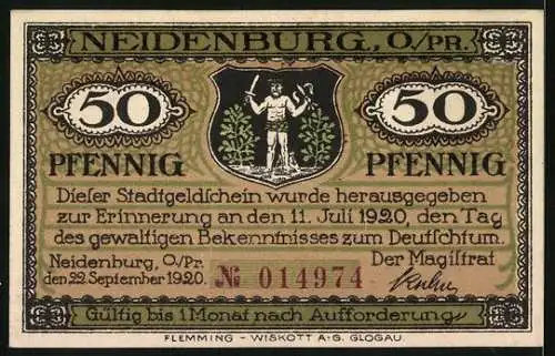 Notgeld Neidenburg /O.-Pr. 1920, 50 Pfennig, Wappen, Ortsansicht vom Wasser