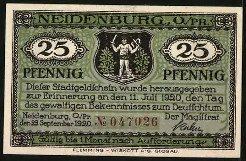 Notgeld Neidenburg /O.-Pr. 1920, 25 Pfennig, Wappen, Ortsansicht vom Wasser