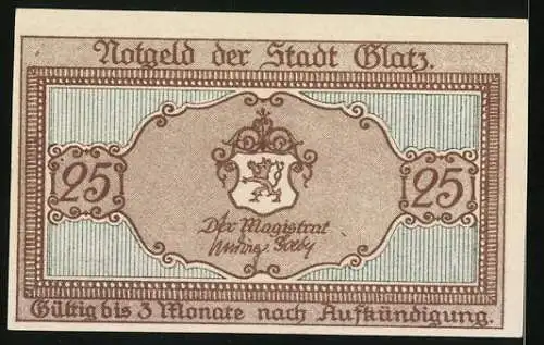 Notgeld Glatz, 25 Pfennig, Wappen, Ortsansicht
