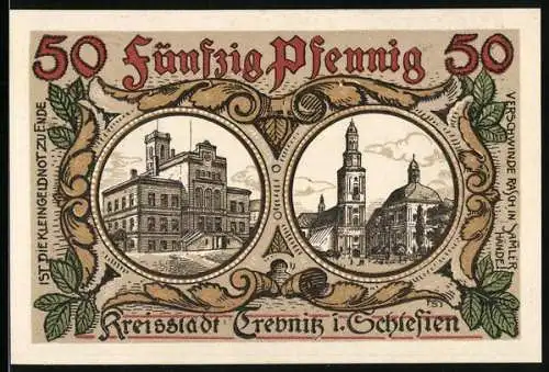 Notgeld Trebnitz i. Schlesien 1918, 50 Pfennig, Wappen, Rathaus, Kirchen