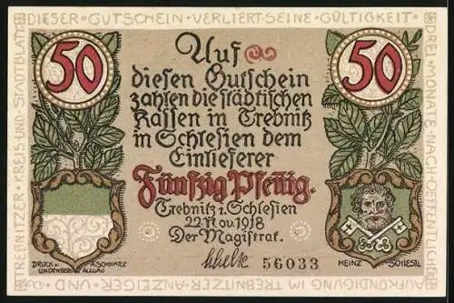 Notgeld Trebnitz i. Schlesien 1918, 50 Pfennig, Wappen, Rathaus, Kirchen