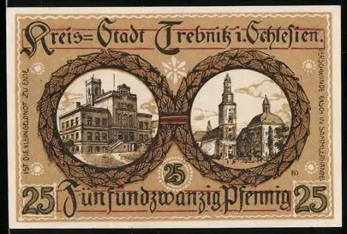 Notgeld Trebnitz i. Schlesien 1918, 25 Pfennig, Wappen, Rathaus, Kirchen