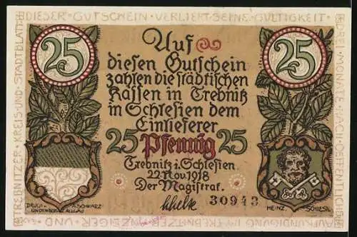 Notgeld Trebnitz i. Schlesien 1918, 25 Pfennig, Wappen, Rathaus, Kirchen