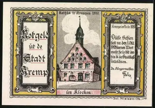 Notgeld Kremp 1920, 100 Pfennig, Kremper Gill, Deerns un Toorn, Wappen, Rathaus