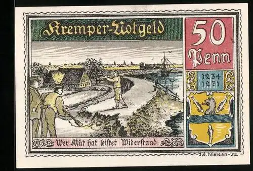 Notgeld Kremp 1920, 50 Pfennig, Sabotage als Widerstand, Kremper Vogelschieten, De künnt Manslüd, Wappen, Rathaus