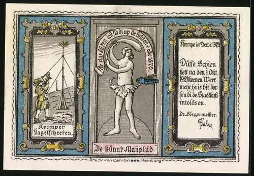 Notgeld Kremp 1920, 50 Pfennig, Sabotage als Widerstand, Kremper Vogelschieten, De künnt Manslüd, Wappen, Rathaus