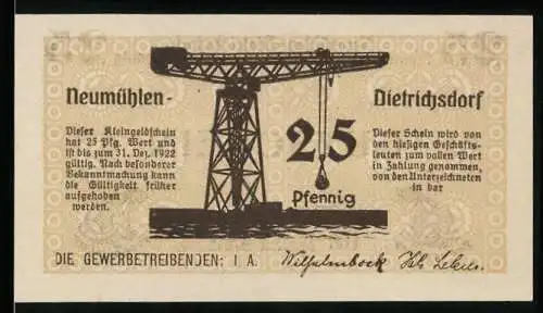 Notgeld Neumühlen-Dietrichsdorf 1922, 25 Pfennig, Förderkran, Frosch