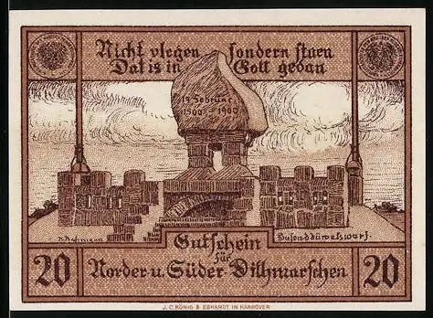 Notgeld Norder - und Süder-Dithmarschen, 20 Pfennig, Siegel, Festungsmauern und -turm