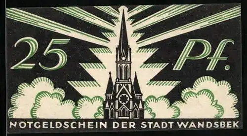 Notgeld Wandsbek 1921, 25 Pfennig, Wappen, Kirche mit Beleuchtung