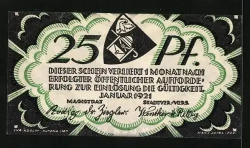 Notgeld Wandsbek 1921, 25 Pfennig, Wappen, Kirche mit Beleuchtung